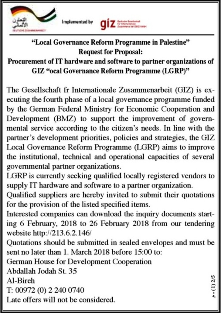 procurement of IT hardware and softwareto partner organizations of GIZ