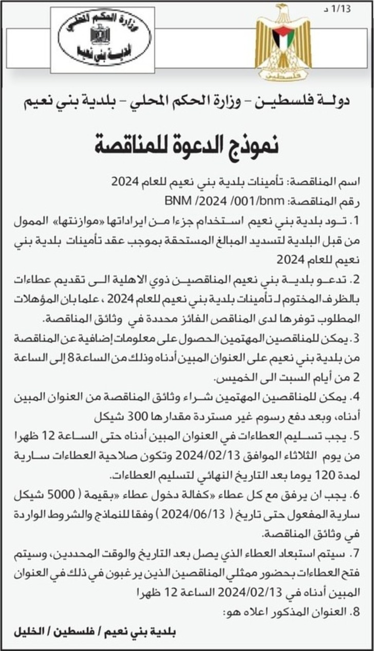 تأمينات بلدية بني نعيم للعام 2024