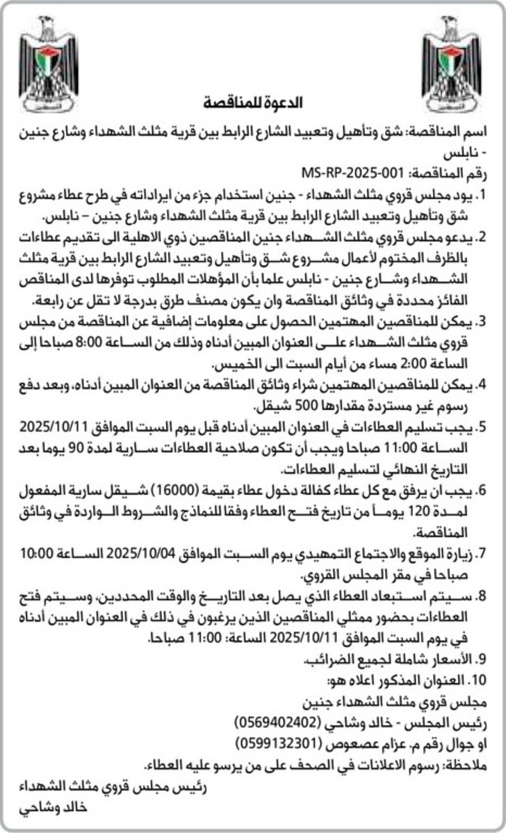 شق وتأهيل وتعبيد الشارع الرابط بين قرية مثلث الشهداء وشارع جنين