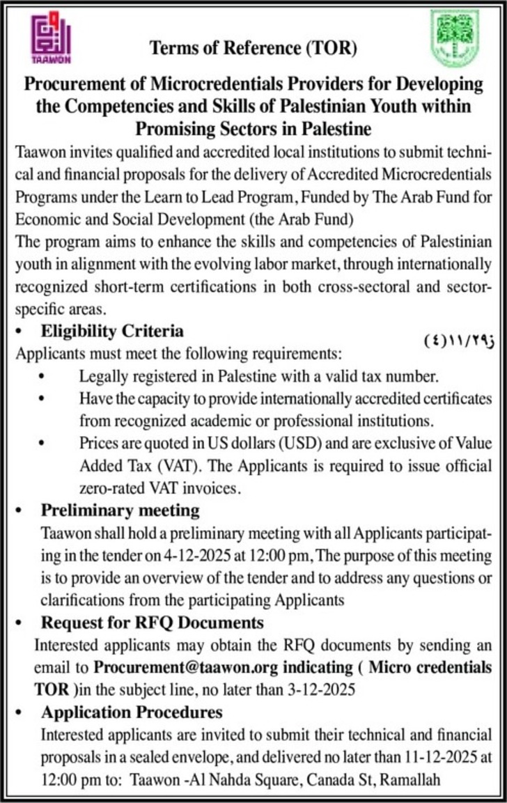 Procurement of Microcredentials Providers for Developing the Competencies and Skills of Palestinian Youth
