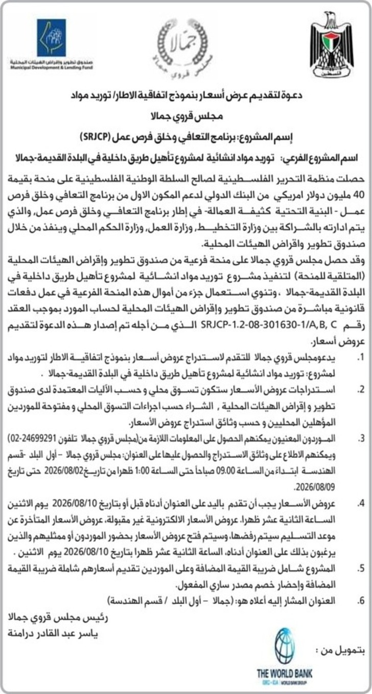 توريد مواد انشائية لمشروع تأهيل طريق داخلية في البلدة القديمة توريد مواد انشائية لمشروع تأهيل طريق داخلية في البلدة القديمة