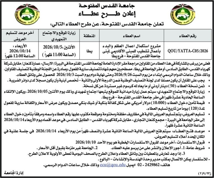 مشروع استكمال اعمال العظم والبدء بأعمال تشطيب للمبنى الأكاديمي لمبنى جامعة القدس المفتوحة - فرع يطا مشروع استكمال اعمال العظم والبدء بأعمال تشطيب للمبنى الأكاديمي لمبنى جامعة القدس المفتوحة - فرع يطا