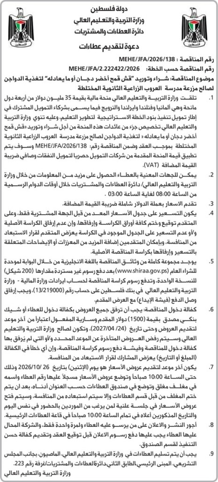 شراء وتوريد " قش قمح أخضر دجان أو ما يعادله " لتغذية الدواجن