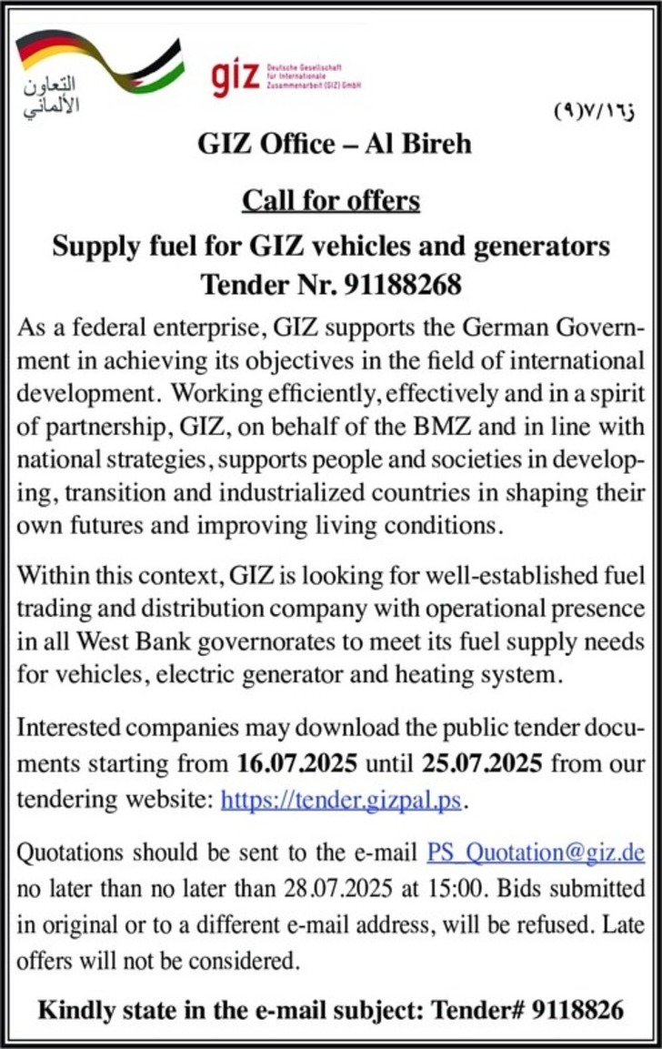 Supply fuel for GIZ vehicles and generators Supply fuel for GIZ vehicles and generators