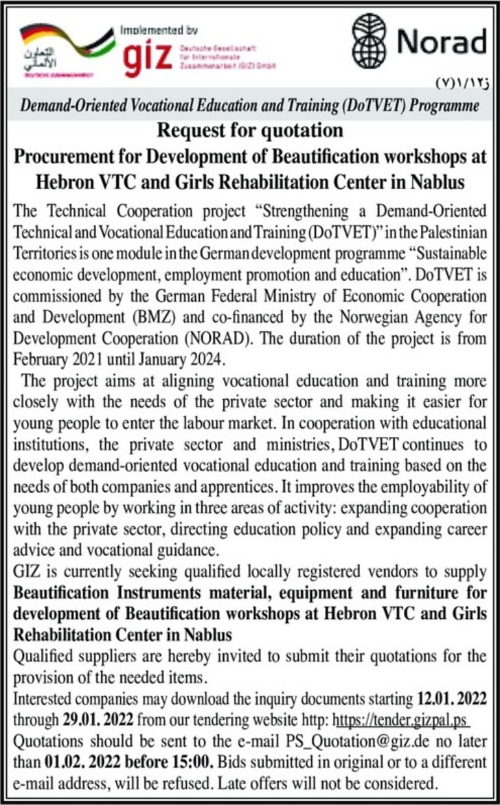 Procurement for Development of Beautification workshops at Hebron VTC and Girls Rehabilitation Center 