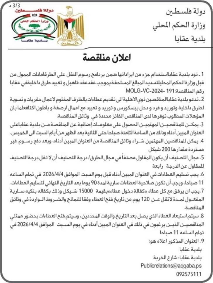 تاهيل وتعبيد طرق داخلية في عقابا تاهيل وتعبيد طرق داخلية في عقابا