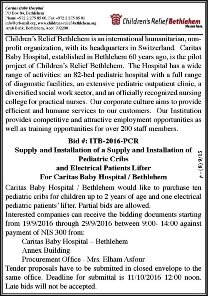 supply and installation of pediatric cribs and electrical patients lifer