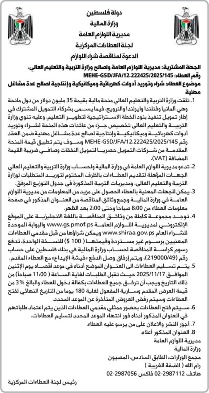  شراء وتوريد أدوات كهربائية وميكانيكية وإنتاجية لصالح عدة مشاغل مهنية