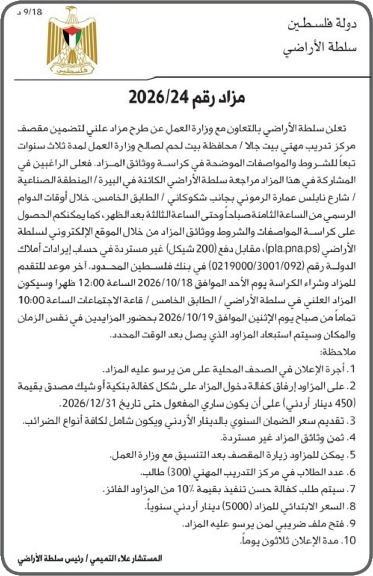 تضمين مقصف مركز تدريب مهني بيت جالا / محافظة بيت لحم تضمين مقصف مركز تدريب مهني بيت جالا / محافظة بيت لحم