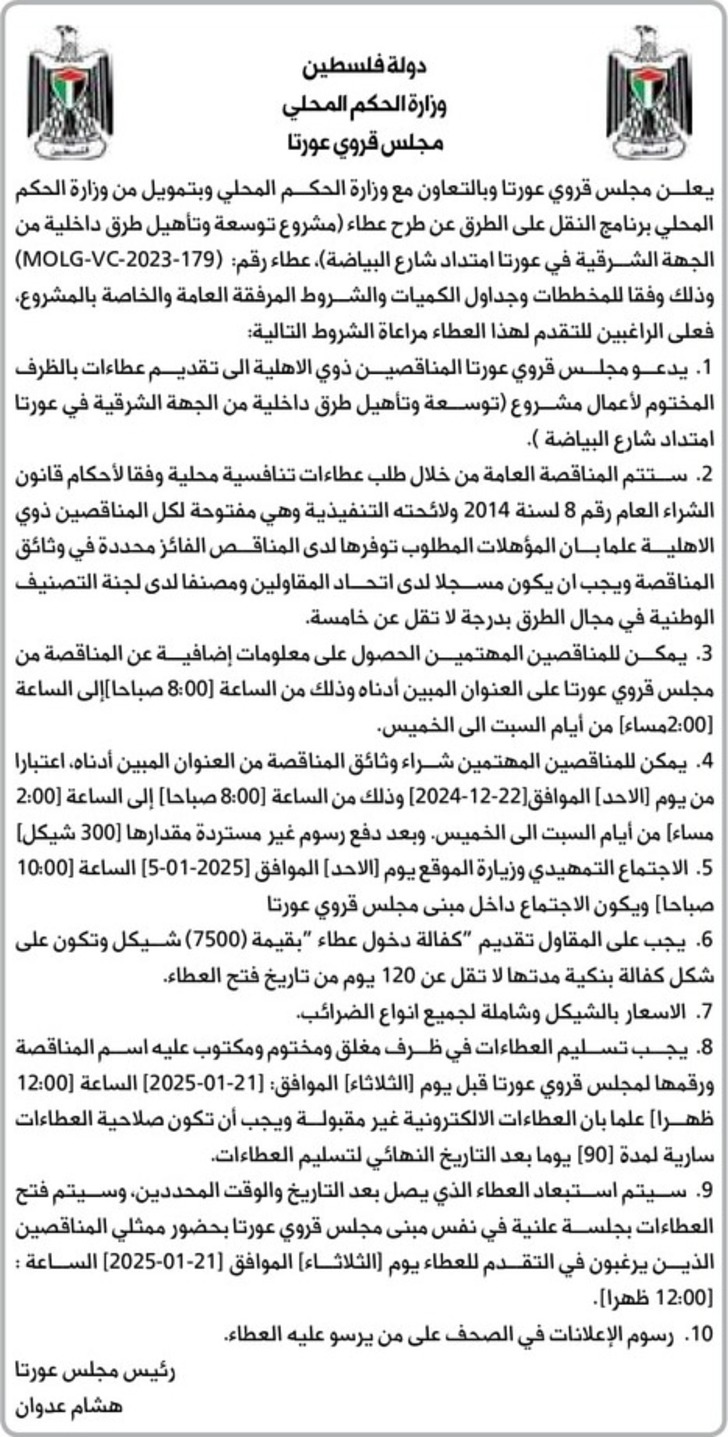  توسعة وتأهيل طرق داخلية من الجهة الشرقية في عورتا امتداد شارع البياضة 