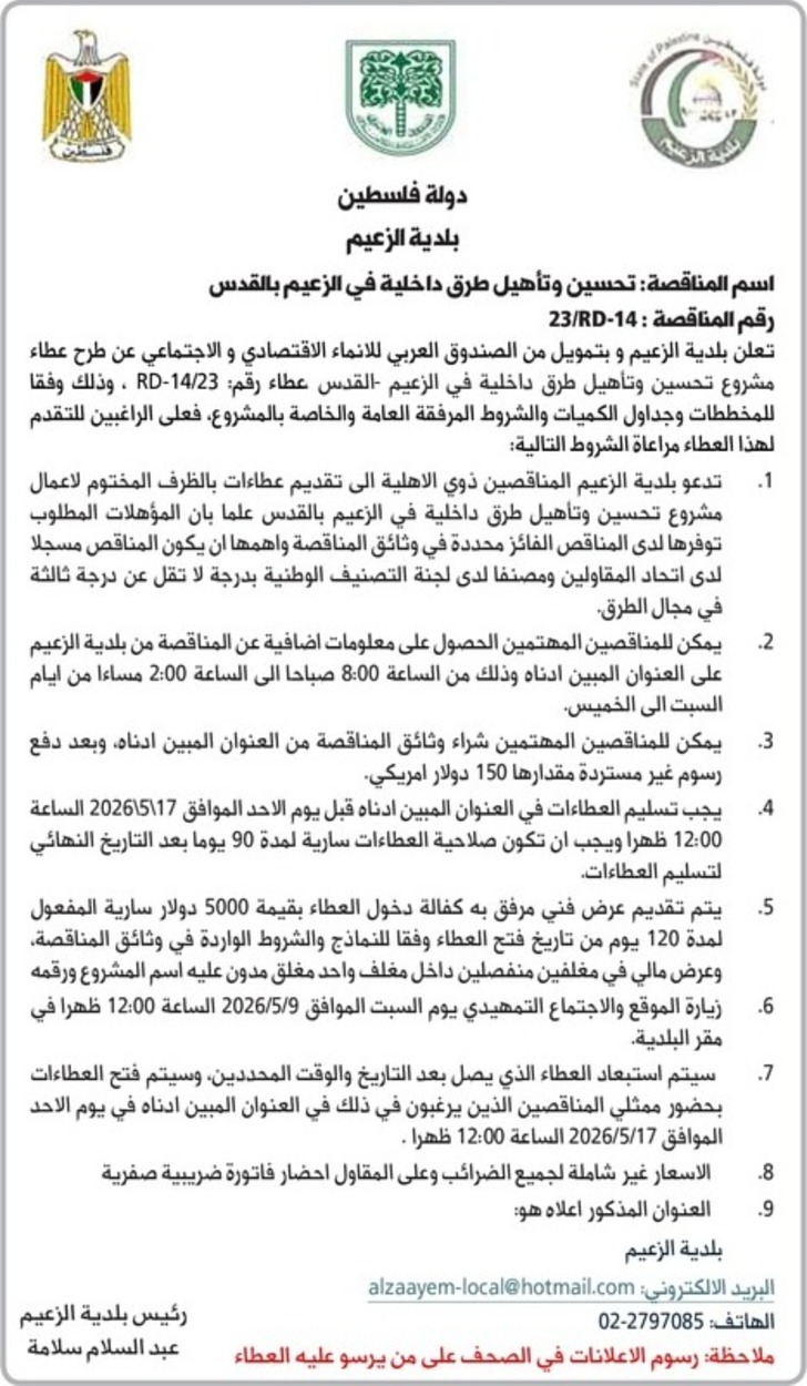  تحسين وتأهيل طرق داخلية في الزعيم بالقدس