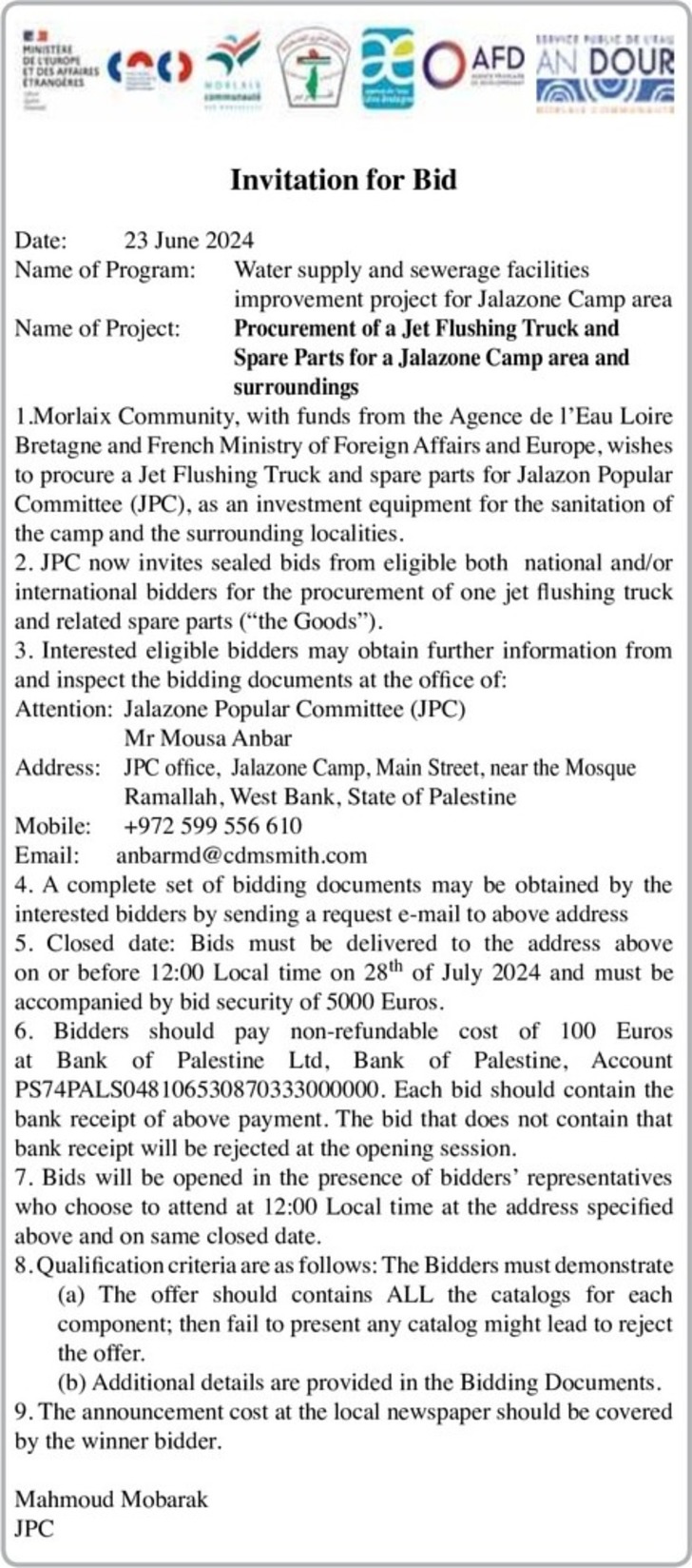 Procurement of A Jet Flushing Truck and Spare Parts for a Jalazone Camp area