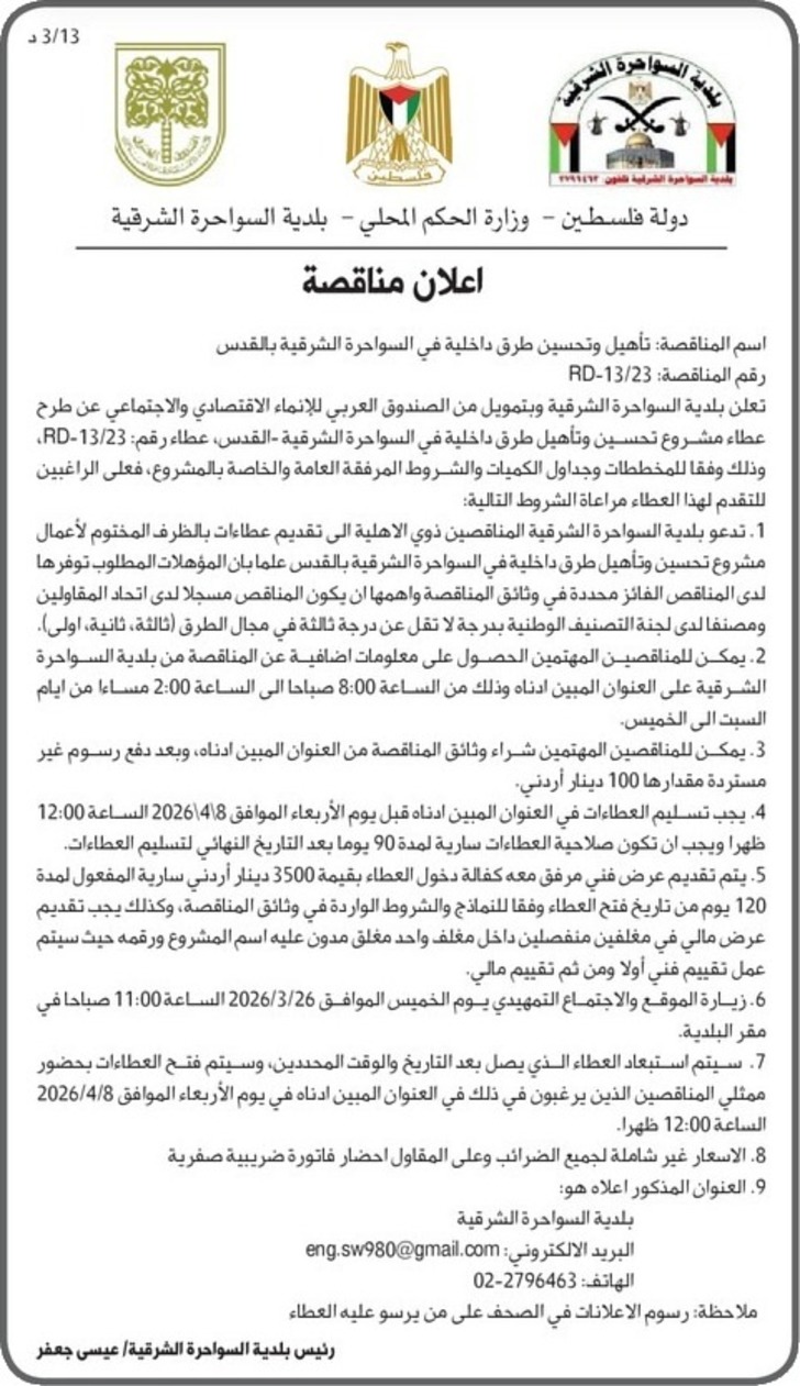 تأهيل وتحسين طرق داخلية في السواحرة الشرقية بالقدس