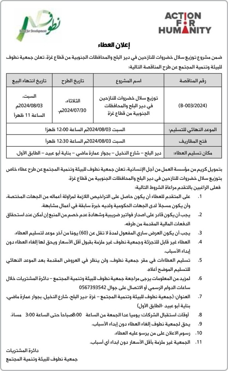 مشروع توزيع سلال خضروات للنازحين في دير البلح والمحافظات الجنوبية من قطاع غزة