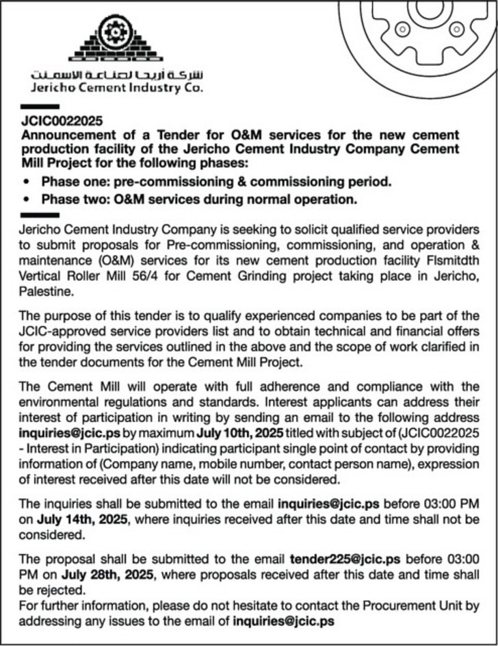 O & M services for the new cement production facility of the Jericho Cement Industry O & M services for the new cement production facility of the Jericho Cement Industry