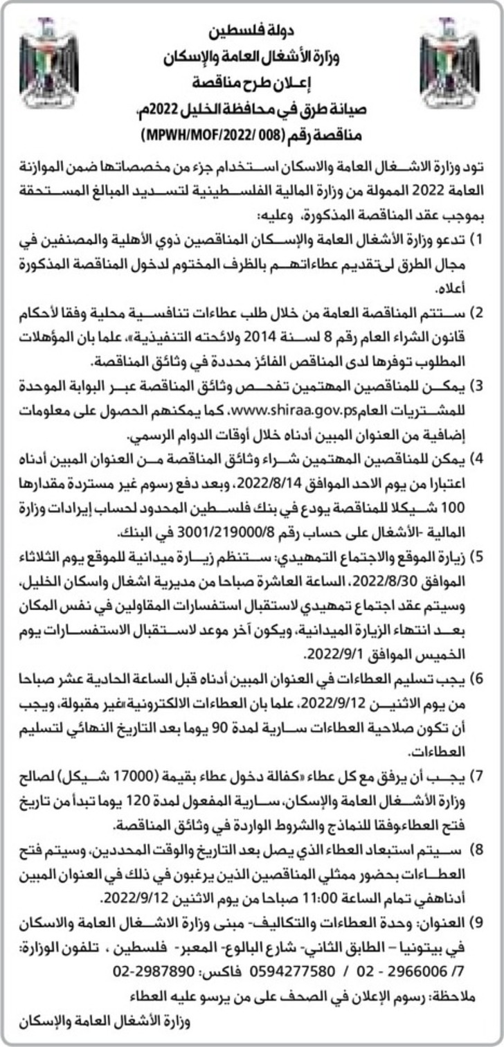 صيانة طرق في محافظة الخليل 2022