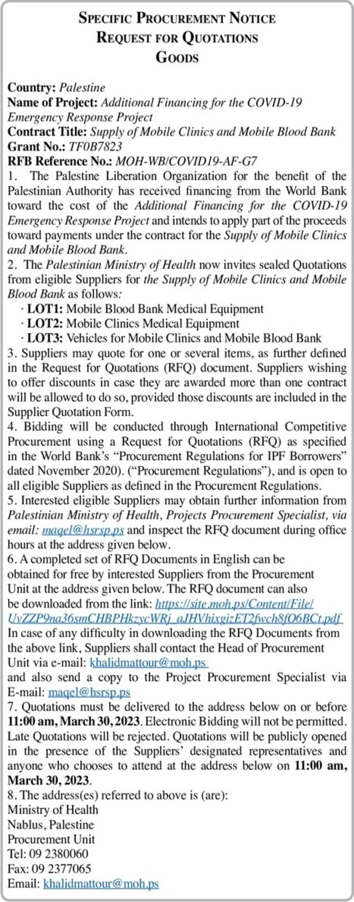 Supply of Mobile Clinics and Mobile Blood Bank
