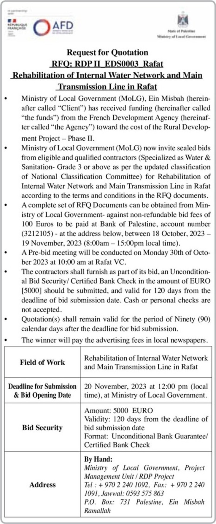  Rehabilitation of Internal Water Network and Main Transmission Line 