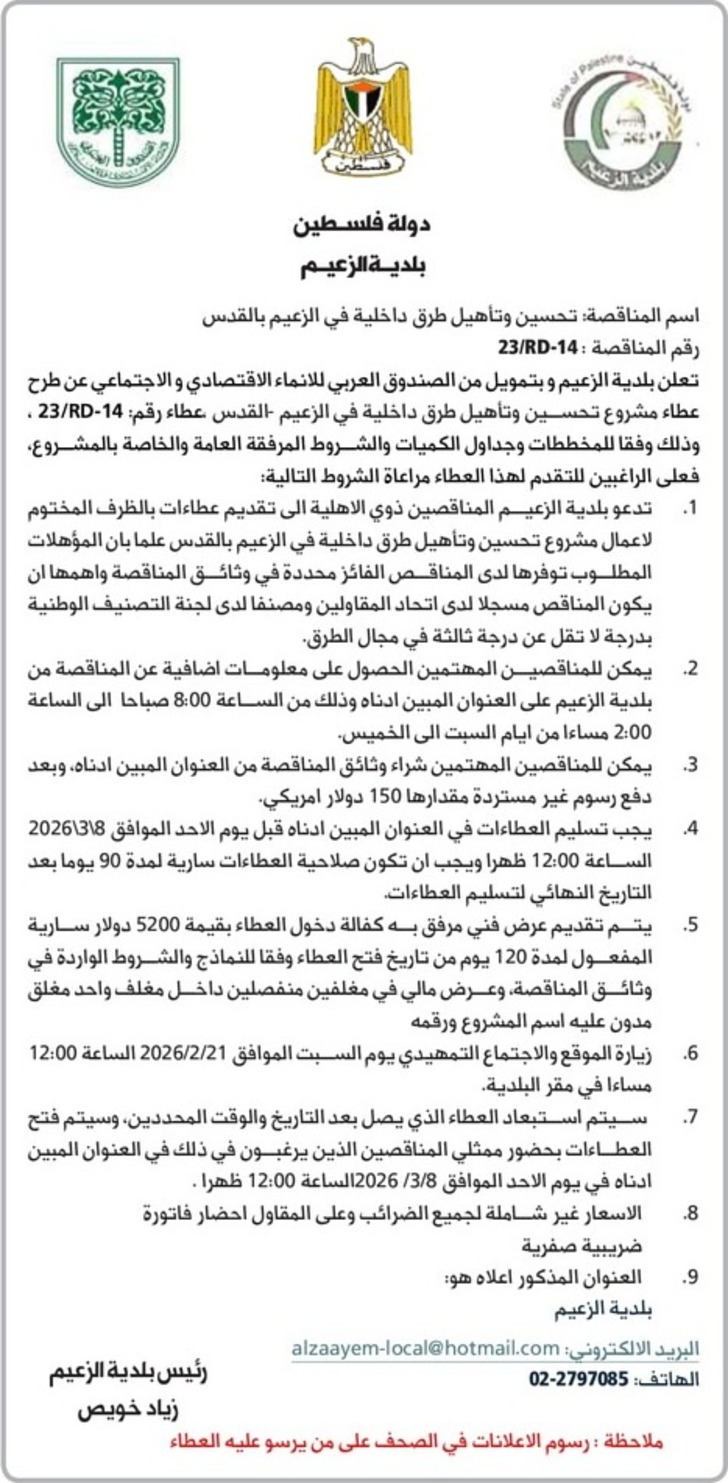  تحسين وتأهيل طرق داخلية في الزعيم بالقدس