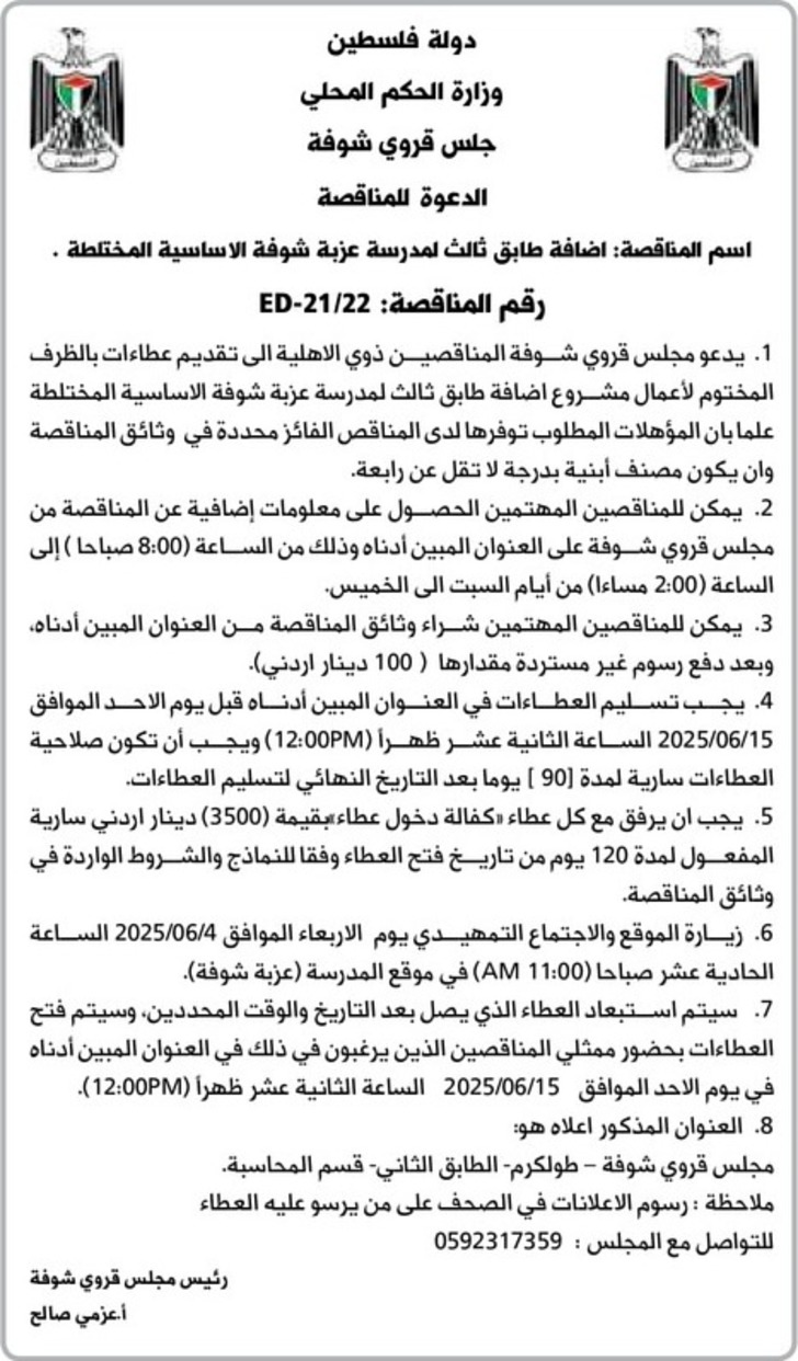 اضافة طابق ثالث لمدرسة عزبة شوفة الاساسية المختلطة اضافة طابق ثالث لمدرسة عزبة شوفة الاساسية المختلطة