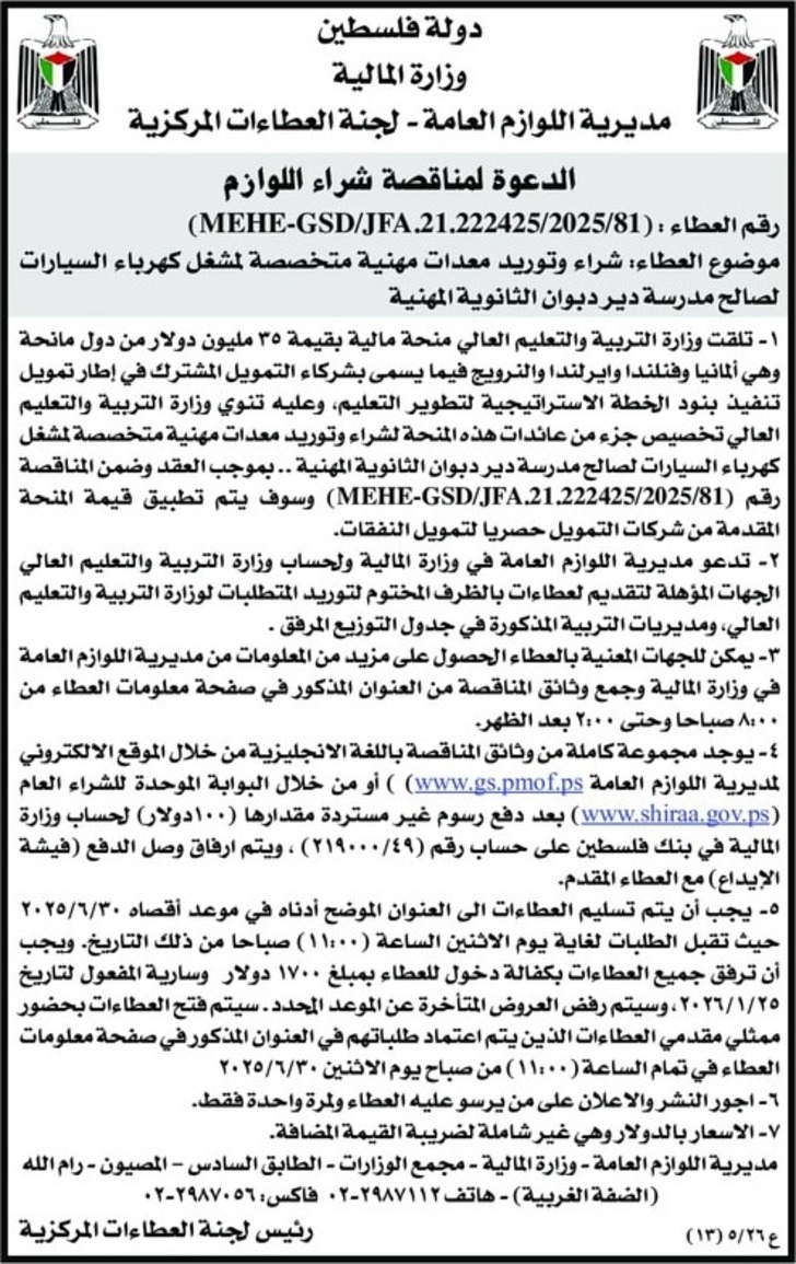 شراء وتوريد معدات مهنية متخصصة لمشغل كهرباء السيارات لصالح مدرسة دير دبوان الثانوية المهنية 