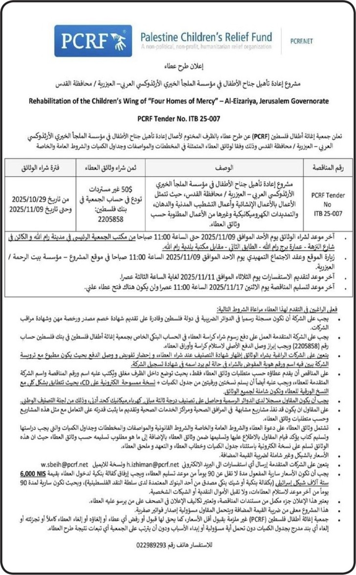  إعادة تأهيل جناح الأطفال في مؤسسة الملجأ الخيري الأرثذوكسي العربي العيزرية