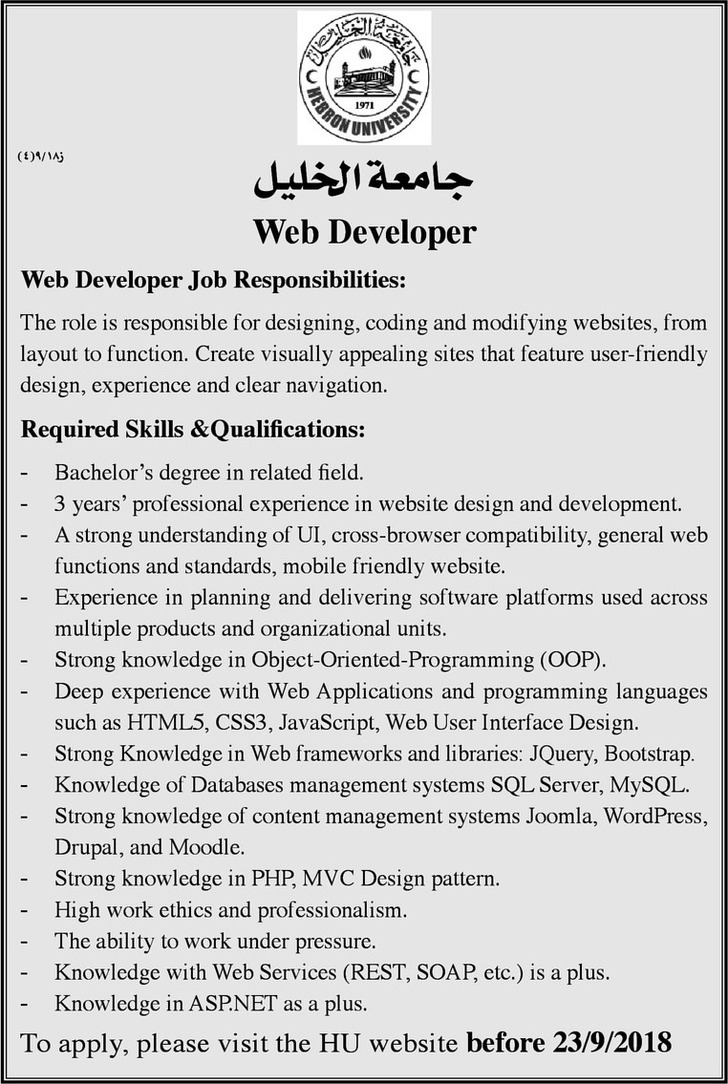 web developer vacancy 