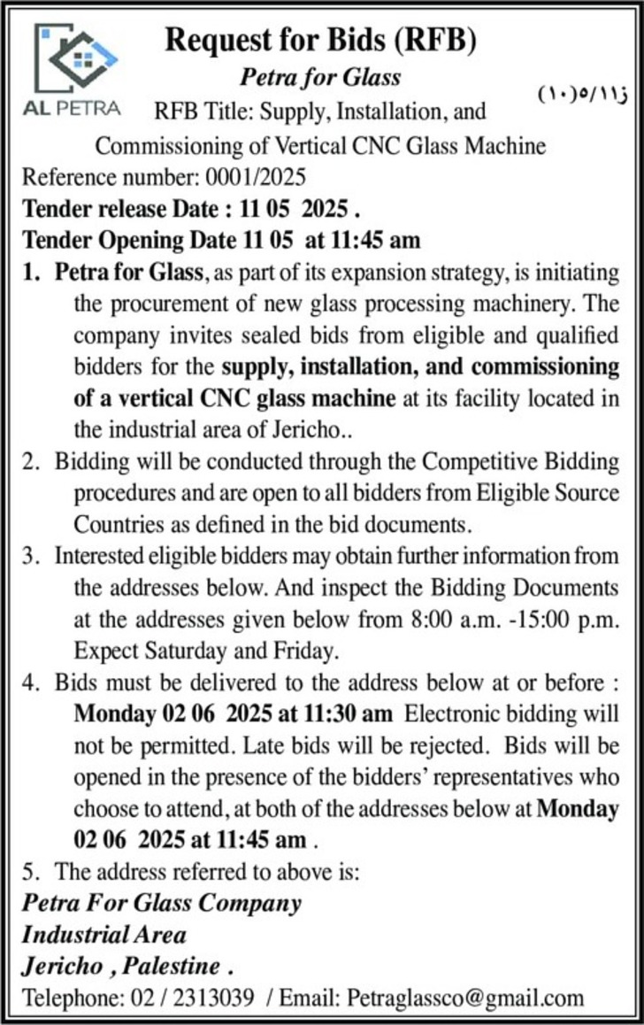 supply , installation , and commissioning of a vertical CNC glass machine supply , installation , and commissioning of a vertical CNC glass machine