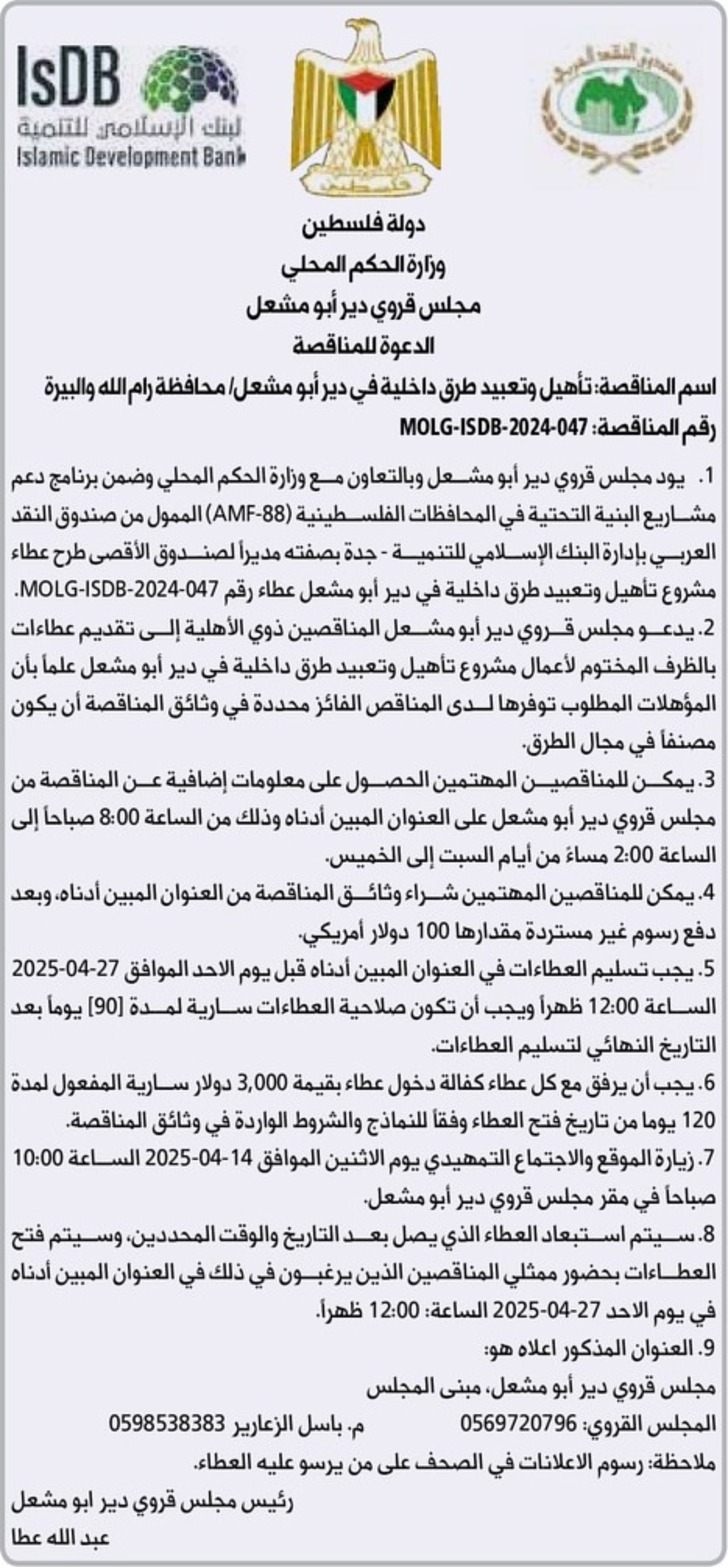 تأهيل وتعبيد طرق داخلية في دير أبو مشعل تأهيل وتعبيد طرق داخلية في دير أبو مشعل
