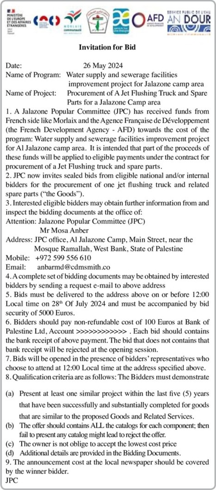 Procurement of A Jet Flushing Truck and Spare Parts for a Jalazone Camp area