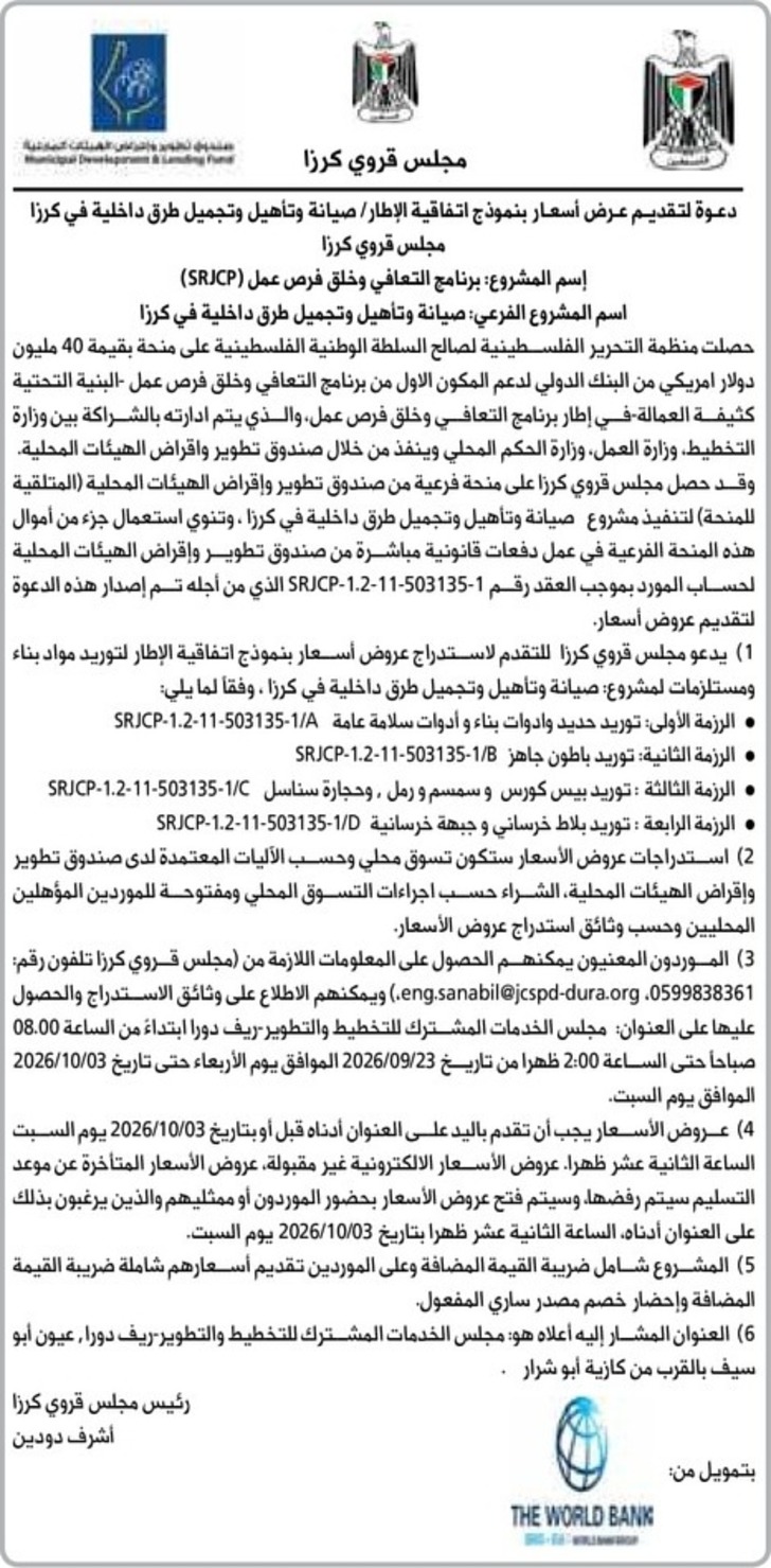 صيانة وتأهيل وتجميل طرق داخلية في كرزا