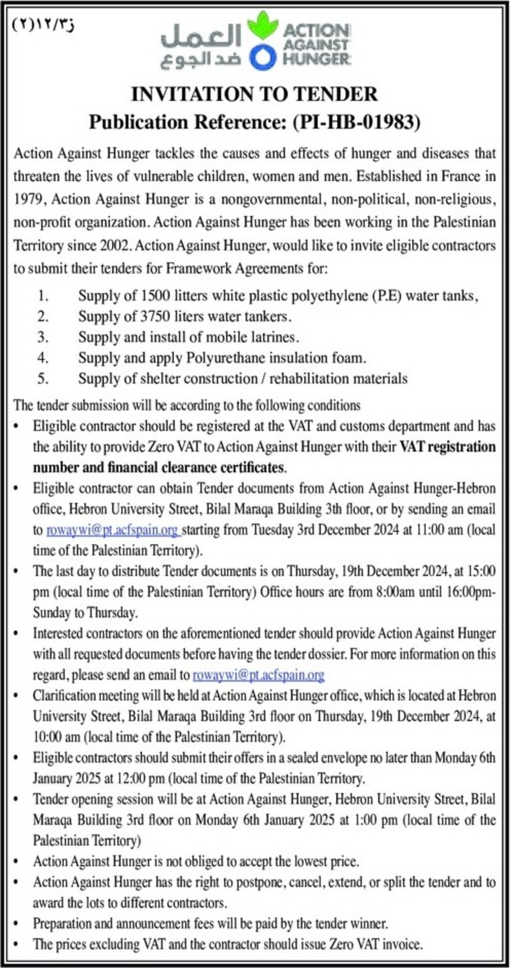 Supply of shelter construction / rehabilitation materials