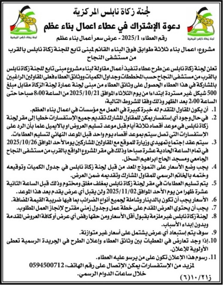 مشروع اعمال بناء ثلاثة طوابق فوق البناء القائم لمبنى تابع للجنة زكاة نابلس بالقرب من مستشفى النجاح