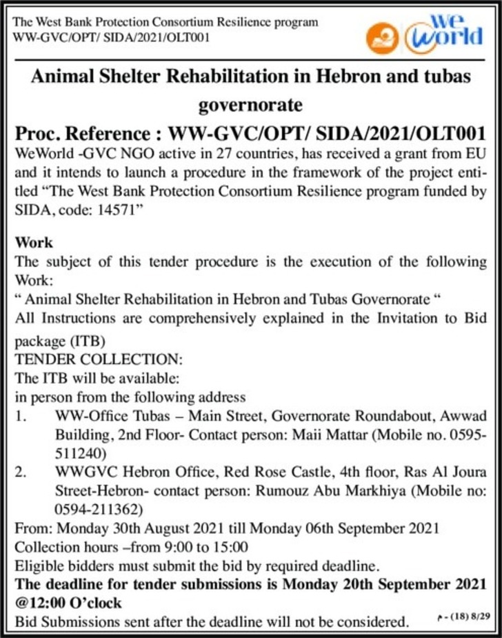 Animal Shelter Rehabilitation in Hebron and tubas