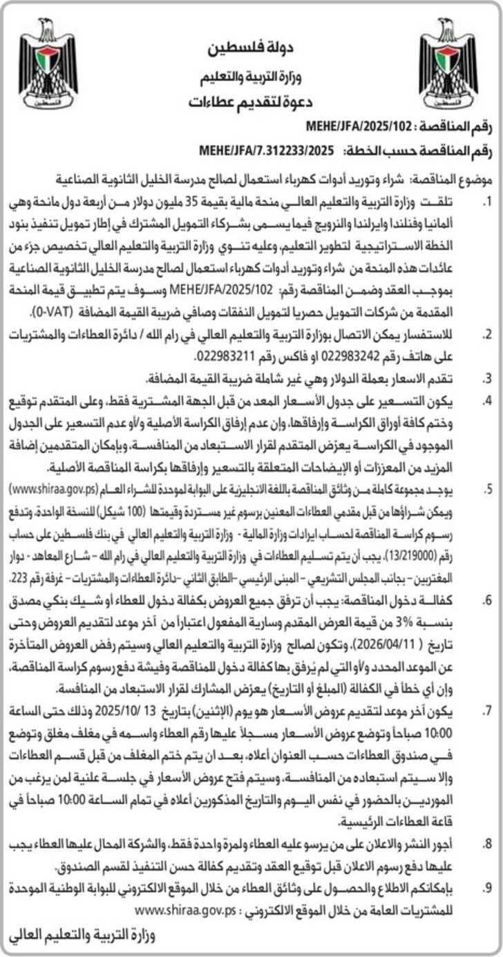  شراء وتوريد أدوات كهرباء استعمال لصالح مدرسة الخليل الثانوية الصناعية