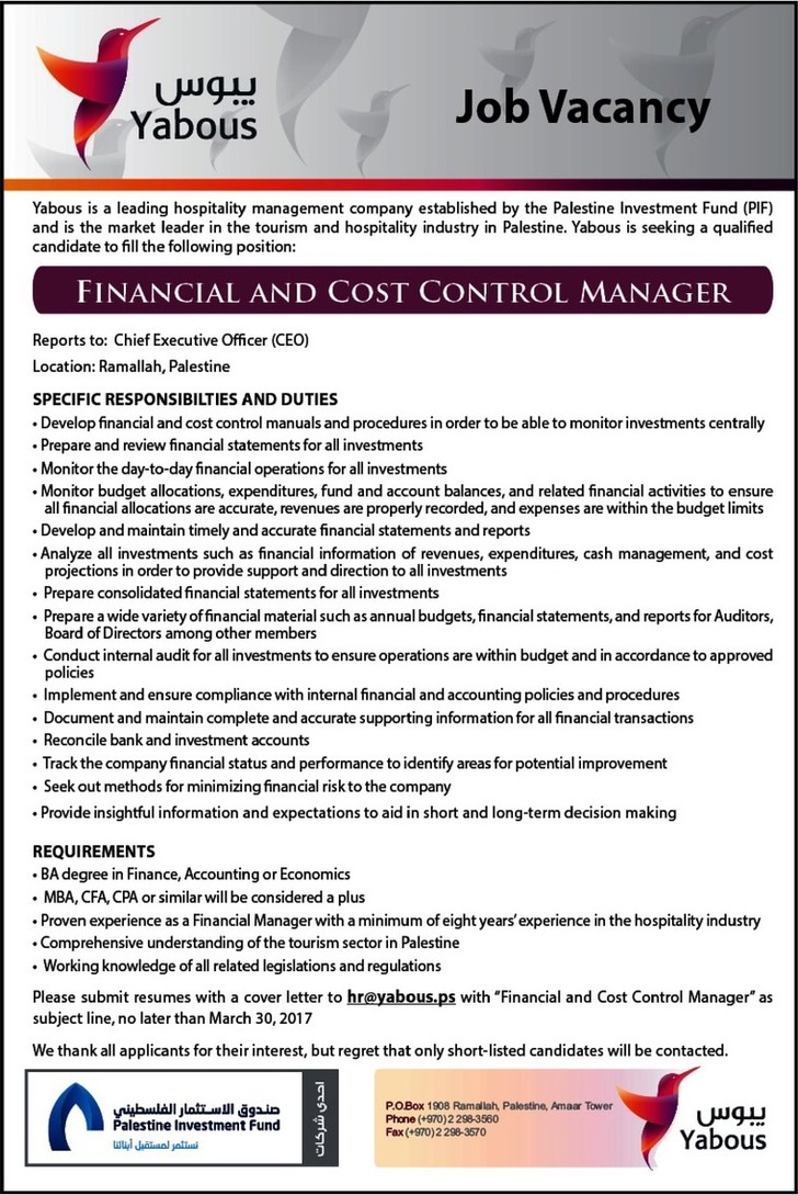 Financial and Cost Control Manager