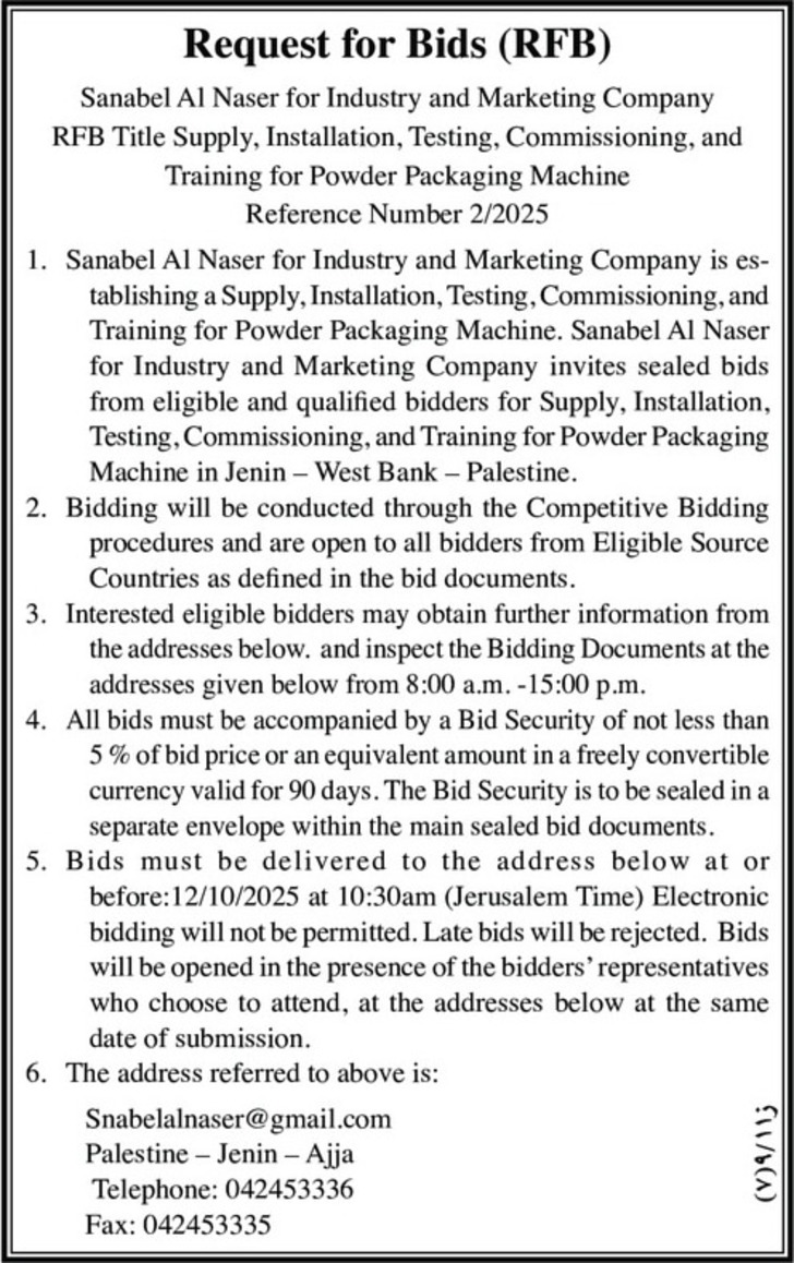 RFB Title Supply , Installation , Testing , Commissioning , and Training for Powder Packaging Machine RFB Title Supply , Installation , Testing , Commissioning , and Training for Powder Packaging Machine