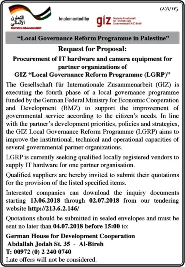 procurement of IT hardware and camera equipment for partner organizations of GIZ 
