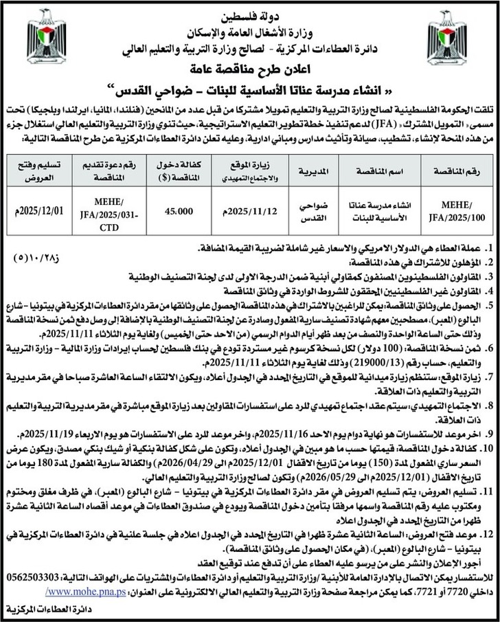انشاء مدرسة عناتا الاساسية للبنات