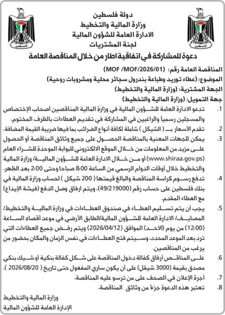 عطاء توريد وطباعة بندرول سجائر محلية ومشروبات روحية عطاء توريد وطباعة بندرول سجائر محلية ومشروبات روحية