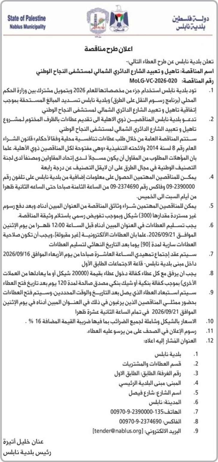 تاهيل وتعبيد الشارع الدائري الشمالي لمستشفى النجاح الوطني 
