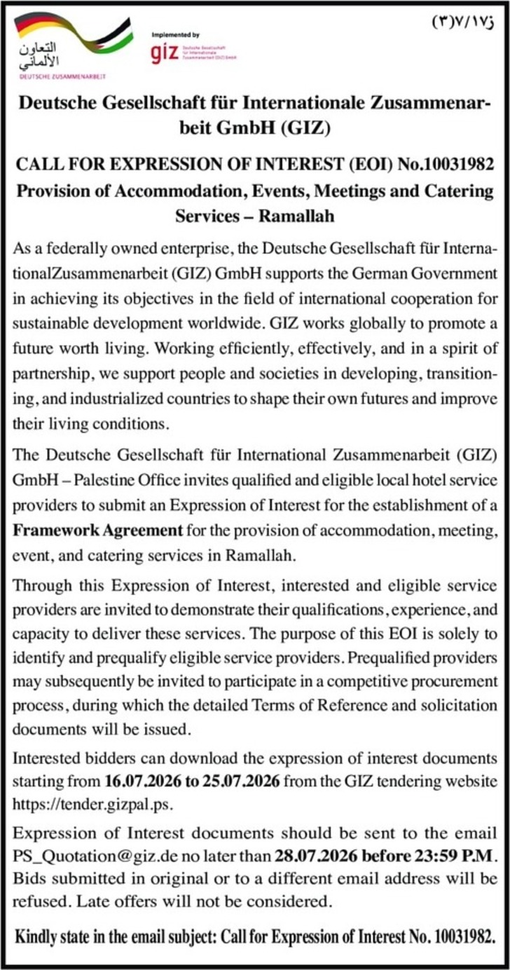 Provision of Accommodation , Events , Meetings and Catering Ramallah