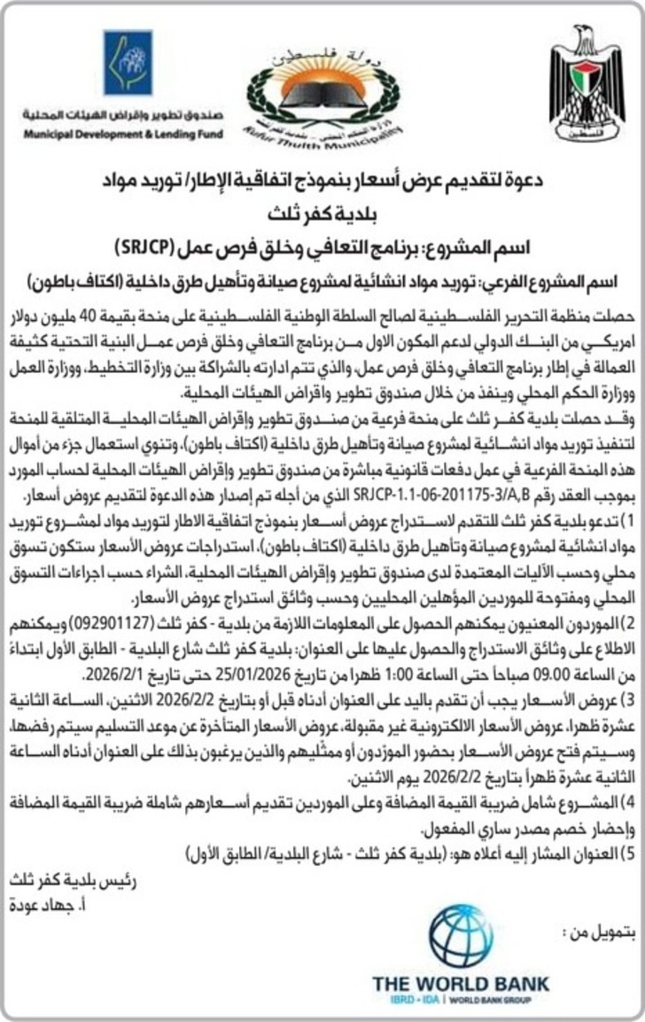 توريد مواد انشائية لمشروع صيانة وتأهيل طرق داخلية ( اكتاف باطون )