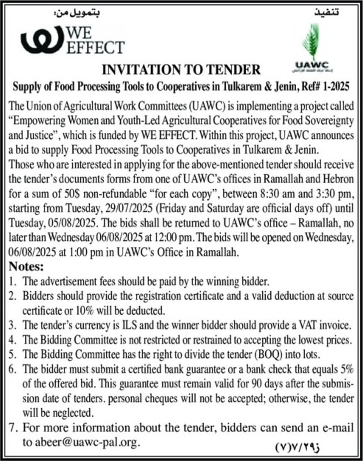 Supply of Food Processing Tools to Cooperatives in Tulkarem &amp; Jenin 