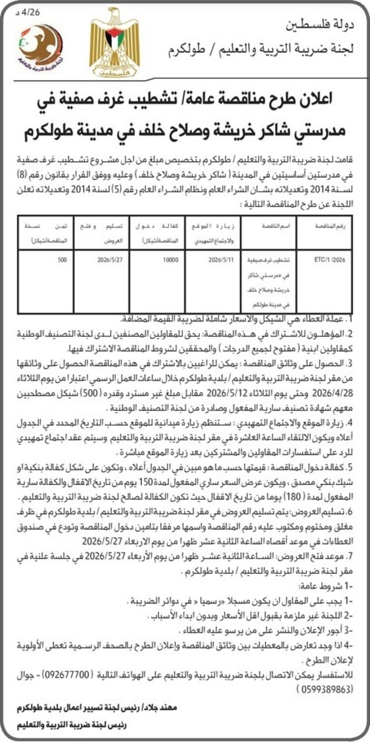 تشطيب غرف صفية في مدرستي شاكر خريشة وصلاح خلف 