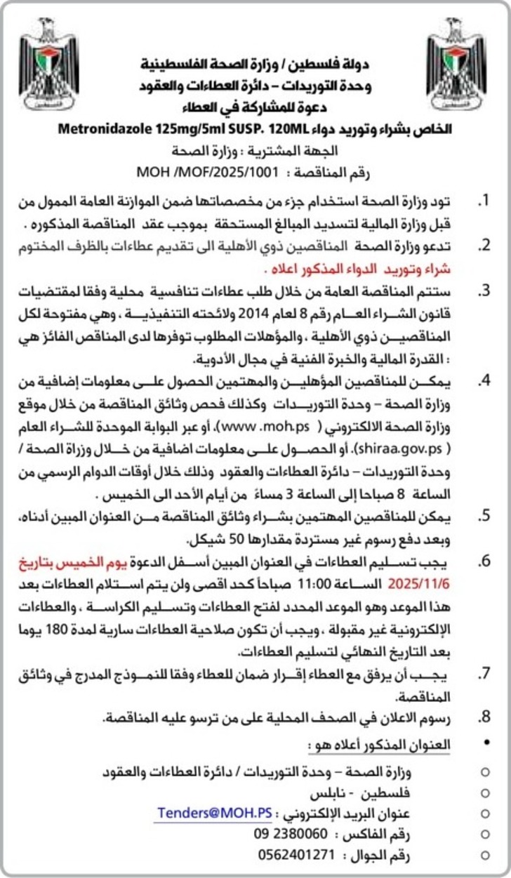 شراء وتوريد دواء Metronidazole 125mg / 5ml SUSP . 120ML