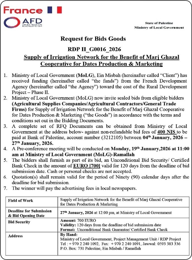 Supply of Irrigation Network for the Benefit of Mari Ghazal Cooperative for Dates Production &amp; Marketing