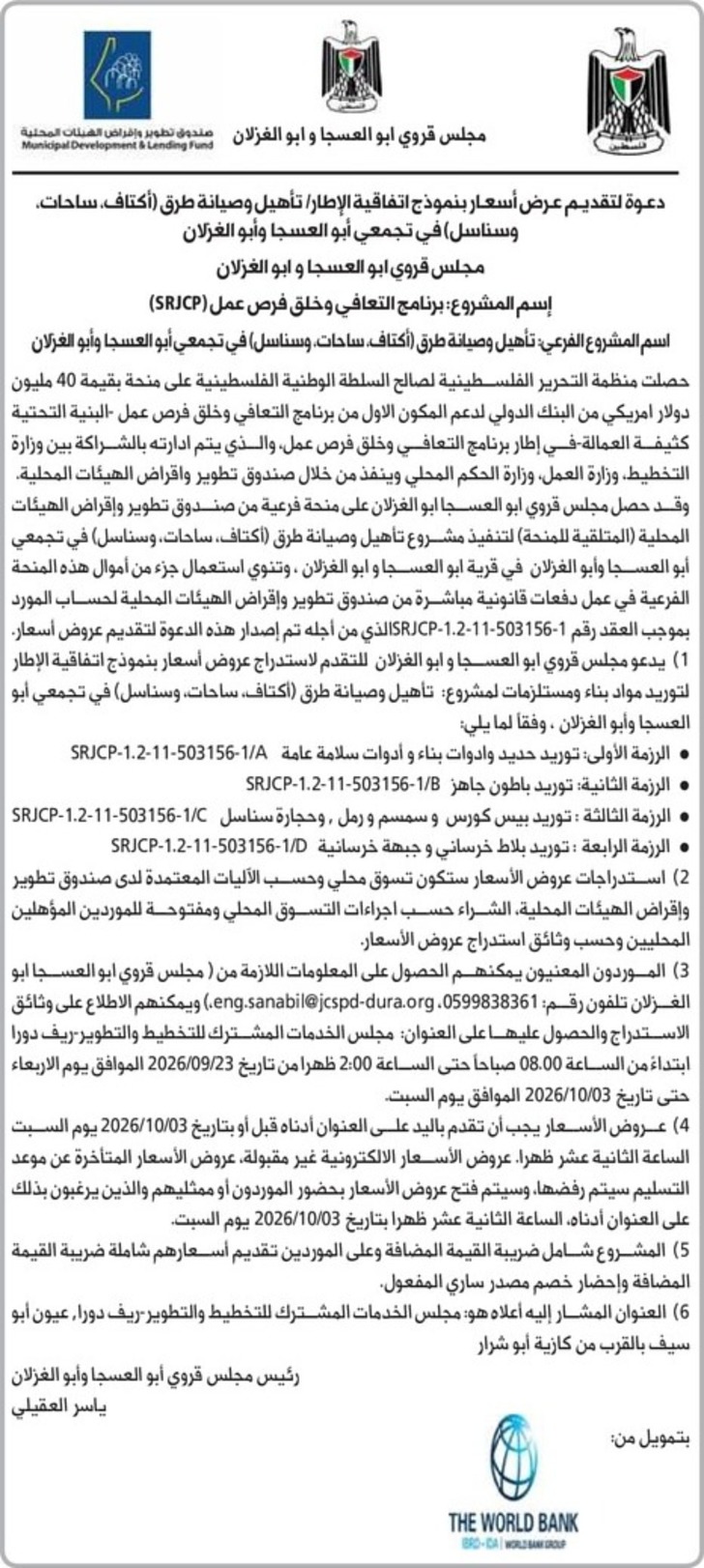 تأهيل وصيانة طرق ( أكتاف ، ساحات وسناسل ) في تجمعي أبو العسجا وأبو الغزلان