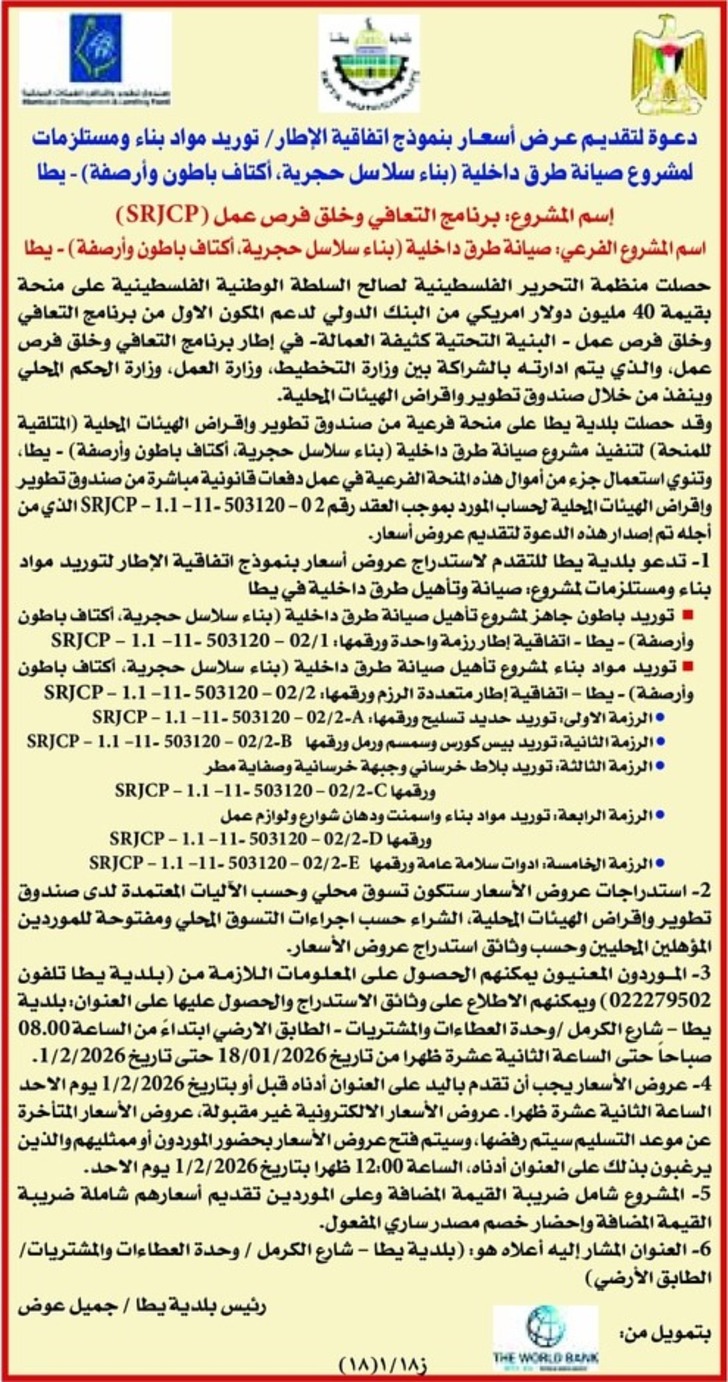 صيانة طرق داخلية بناء سلاسل حجرية ، أكتاف باطون وأرصفة - يطا