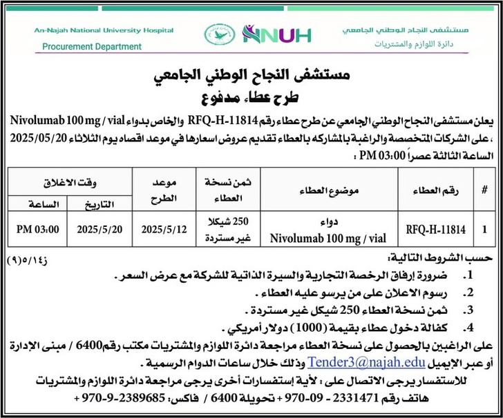 دواء Nivolumab 100mg / vial دواء Nivolumab 100mg / vial